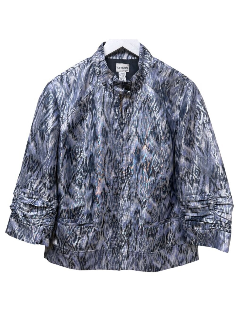 Chicos Metallic Evening Jacket Large (Chicos 2) Zip Front Blue Silver Ikat Women